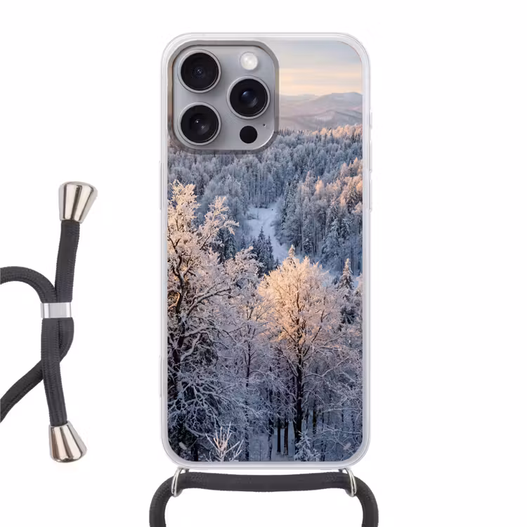 Bos - Bergen - Goud - Winter - Warm Hoesje iPhone 16 Pro Max met koord klein -3d