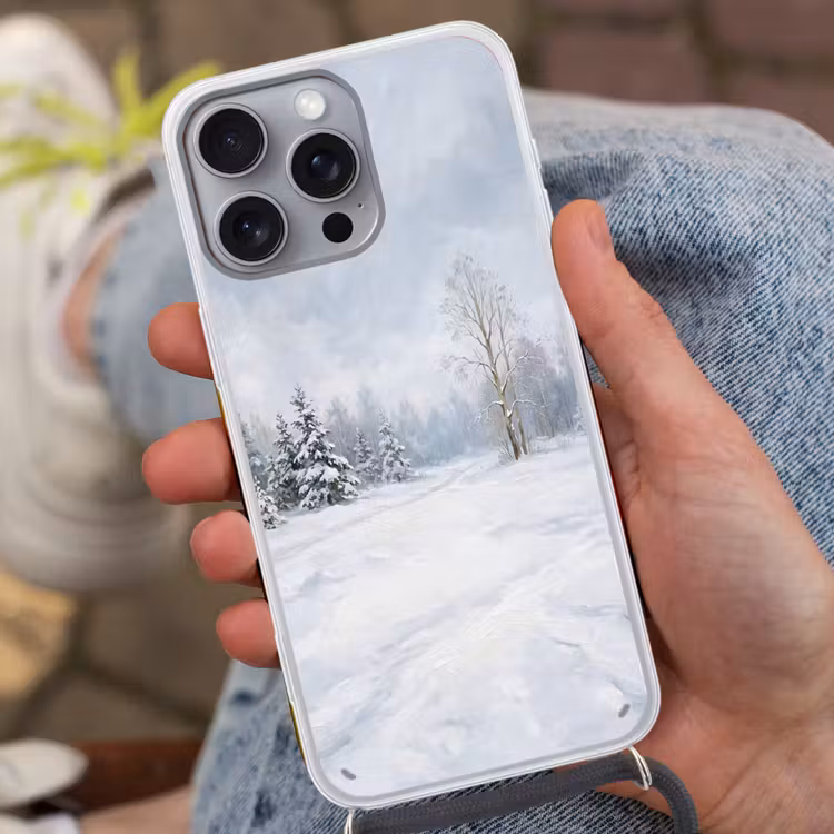Bospad - Dennen - Sneeuw - Winter - Rustgevend Hoesje iPhone 16 Pro Max met koord klein -sfeer3