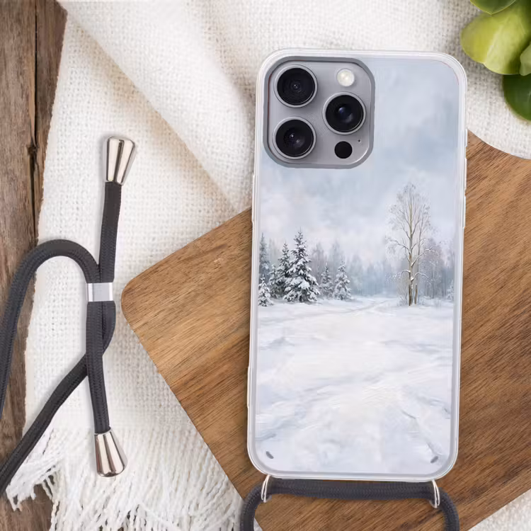 Bospad - Dennen - Sneeuw - Winter - Rustgevend Hoesje iPhone 16 Pro Max met koord klein -sfeer4