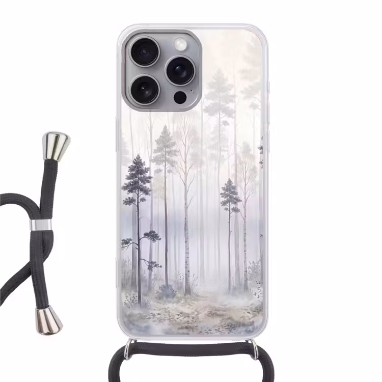 Bos - Bomen - Mist - Natuur - Illustratie - Grijs Hoesje iPhone 16 Pro Max met koord klein -3d