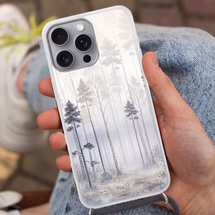 Bos - Bomen - Mist - Natuur - Illustratie - Grijs Hoesje iPhone 16 Pro Max met koord klein -sfeer3