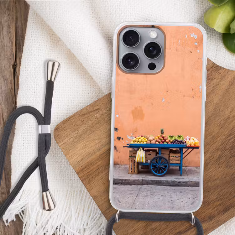 Phone case crossbody - Fruit - Cart - Street - Fruit - Kar - Straat Hoesje iPhone 16 Pro Max met koord klein