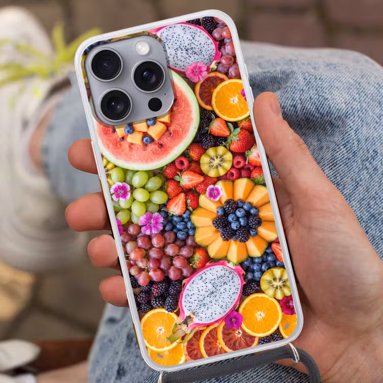 Fruit - Vers - Variatie - Eten - Kleurrijk Hoesje iPhone 16 Pro Max met koord klein -sfeer3