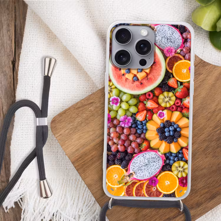 Fruit - Vers - Variatie - Eten - Kleurrijk Hoesje iPhone 16 Pro Max met koord klein -sfeer4