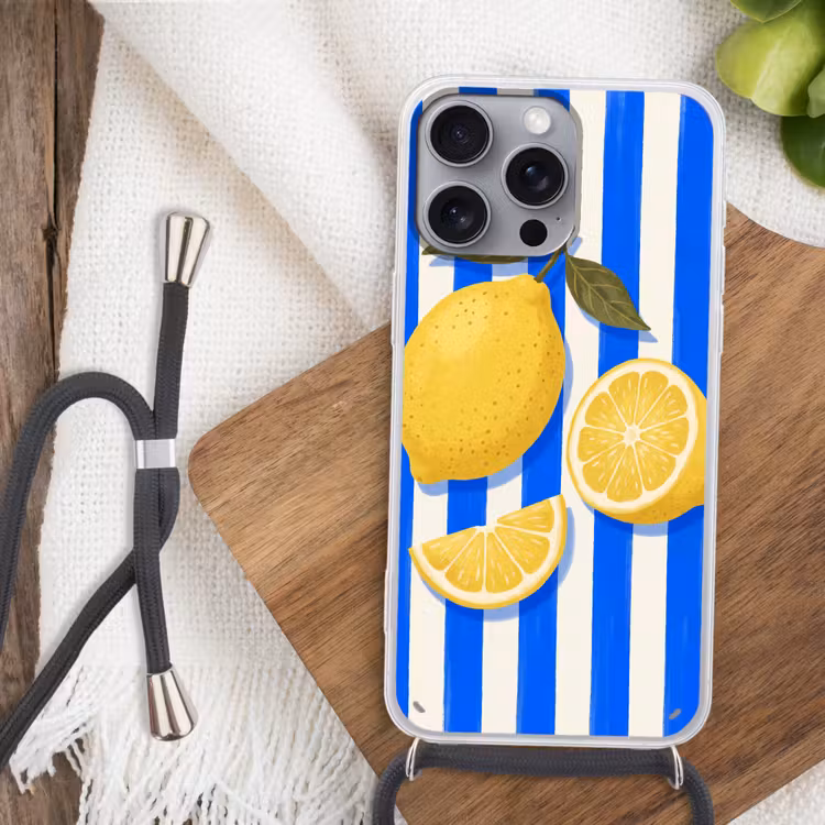 Fruit - Citroen - Zomer - Geel - Blauw Hoesje iPhone 16 Pro Max met koord klein -sfeer4