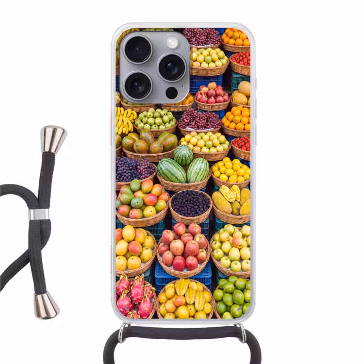 Phone case crossbody - Fruit - Market - Colorful - Fruit - Markt - Kleurrijk Hoesje iPhone 16 Pro Max met koord klein