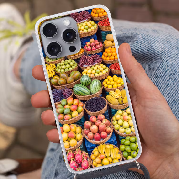 Phone case crossbody - Fruit - Market - Colorful - Fruit - Markt - Kleurrijk Hoesje iPhone 16 Pro Max met koord klein