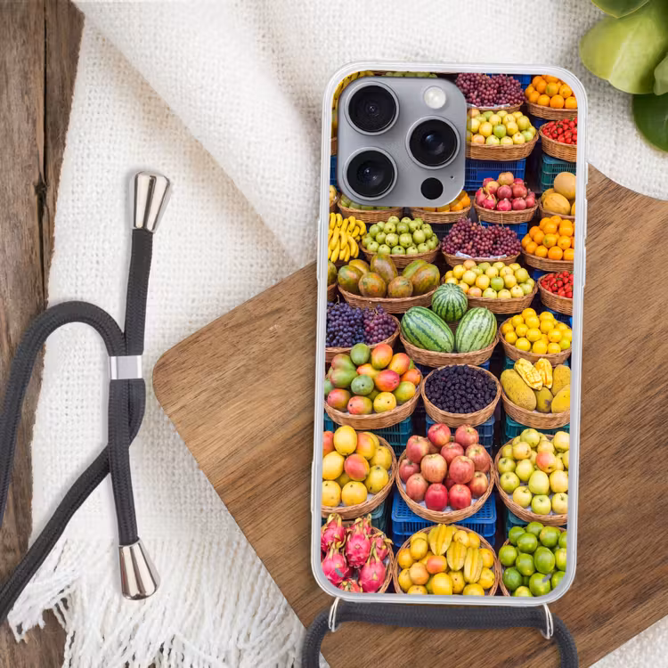 Phone case crossbody - Fruit - Market - Colorful - Fruit - Markt - Kleurrijk Hoesje iPhone 16 Pro Max met koord klein
