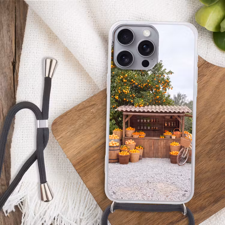 Phone case crossbody - Fruit - Market - Rural - Fruit - Markt - Landelijk Hoesje iPhone 16 Pro Max met koord klein