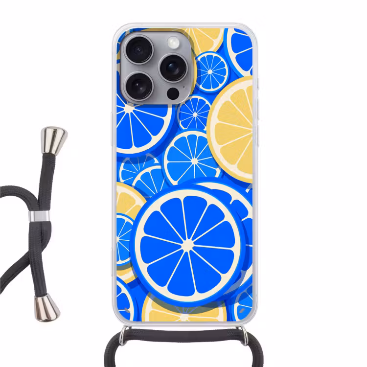 Fruit - Schijven - Patroon - Modern - Blauw - Geel Hoesje iPhone 16 Pro Max met koord klein -3d