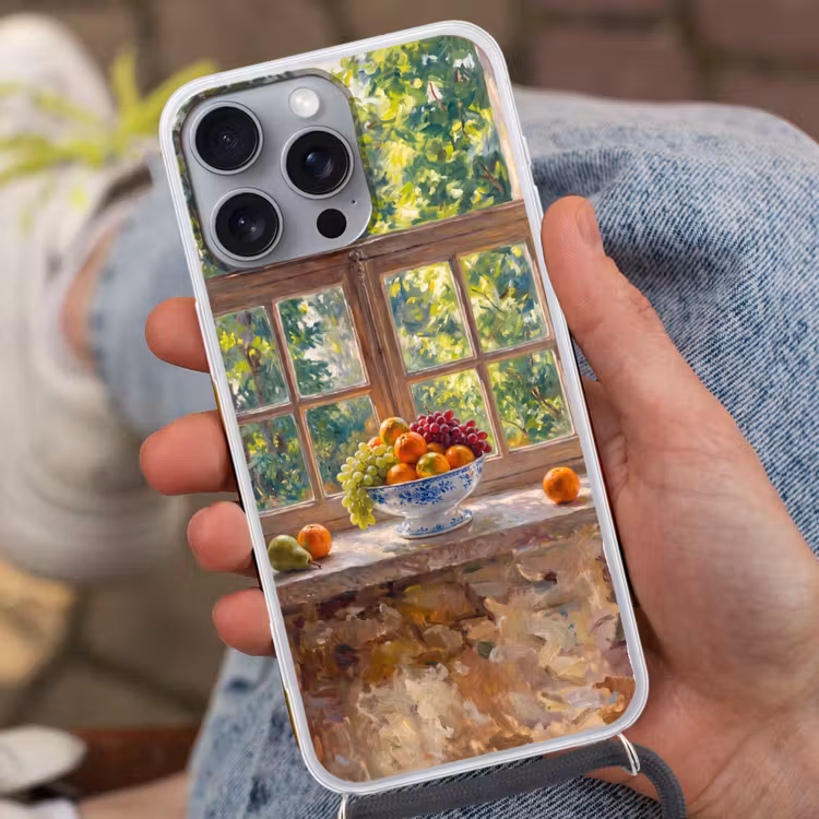 Phone case crossbody - Fruit - Windowsill - Nature - Fruit - Vensterbank - Natuur Hoesje iPhone 16 Pro Max met koord klein