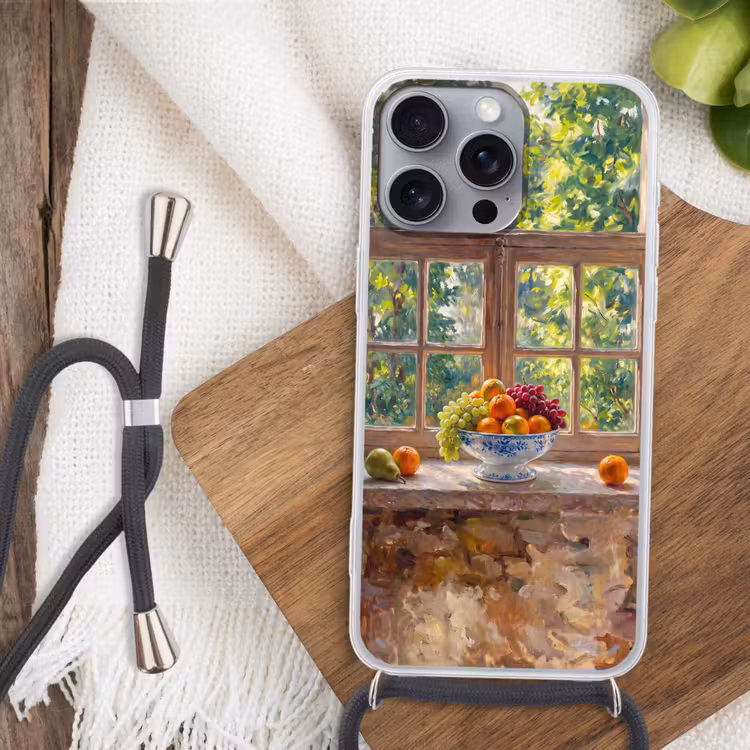 Phone case crossbody - Fruit - Windowsill - Nature - Fruit - Vensterbank - Natuur Hoesje iPhone 16 Pro Max met koord klein