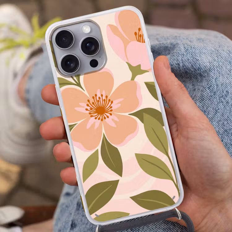 Grafisch - Bloemen - Roze Hoesje iPhone 16 Pro Max met koord klein -sfeer3