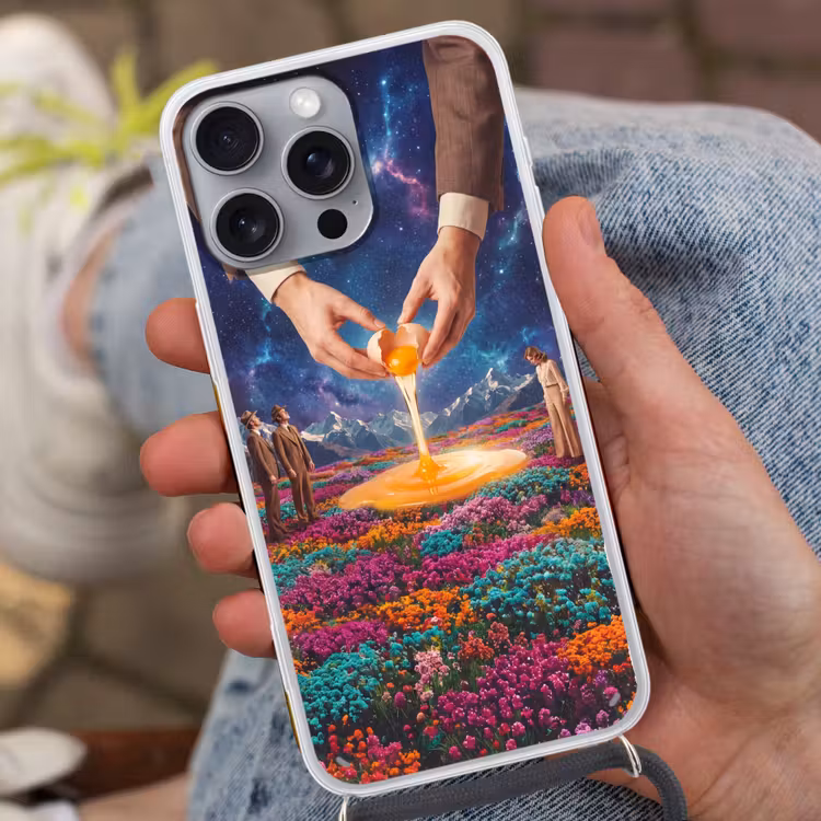Phone case crossbody - Hands - Egg - Surrealism - Handen - Ei - Surrealisme Hoesje iPhone 16 Pro Max met koord klein