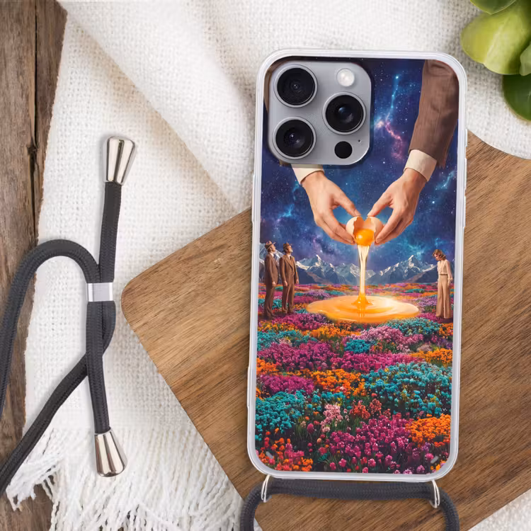 Phone case crossbody - Hands - Egg - Surrealism - Handen - Ei - Surrealisme Hoesje iPhone 16 Pro Max met koord klein