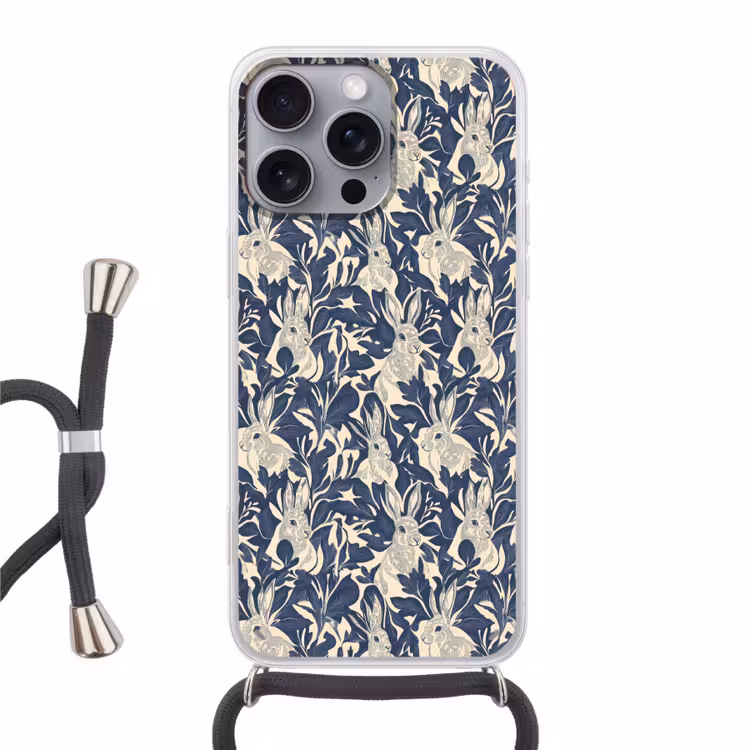 Hazen - Bladeren - Patroon - Blauw - Beige Hoesje iPhone 16 Pro Max met koord klein 804 -3d