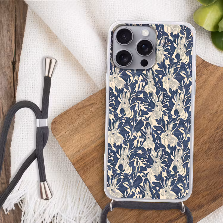 Hazen - Bladeren - Patroon - Blauw - Beige Hoesje iPhone 16 Pro Max met koord klein 804 -sfeer4