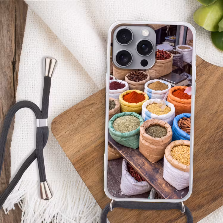 Phone case crossbody - Herbs - Bags - Market - Kruiden - Zakken - Markt Hoesje iPhone 16 Pro Max met koord klein
