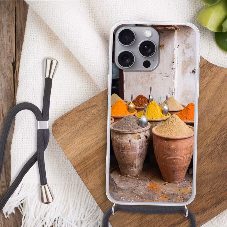 Phone case crossbody - Herbs - Jars - Asian - Kruiden - Potten - Oosters Hoesje iPhone 16 Pro Max met koord klein