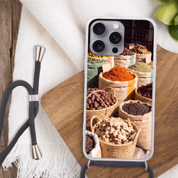 Phone case crossbody - Herbs - Market - Colorful - Kruiden - Markt - Kleurrijk Hoesje iPhone 16 Pro Max met koord klein