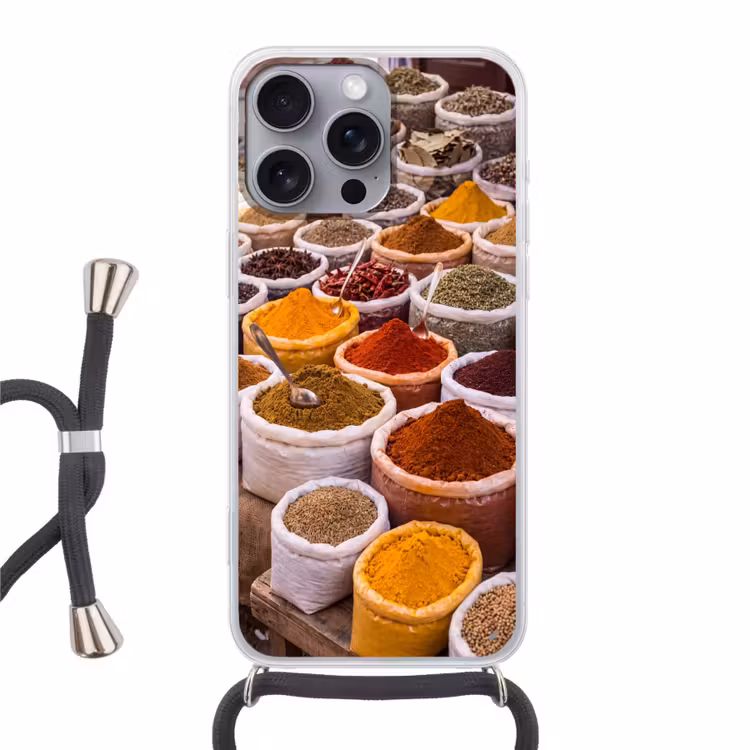 Phone case crossbody - Herbs - Market - Food - Kruiden - Markt - Eten Hoesje iPhone 16 Pro Max met koord klein