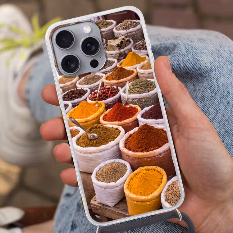 Phone case crossbody - Herbs - Market - Food - Kruiden - Markt - Eten Hoesje iPhone 16 Pro Max met koord klein