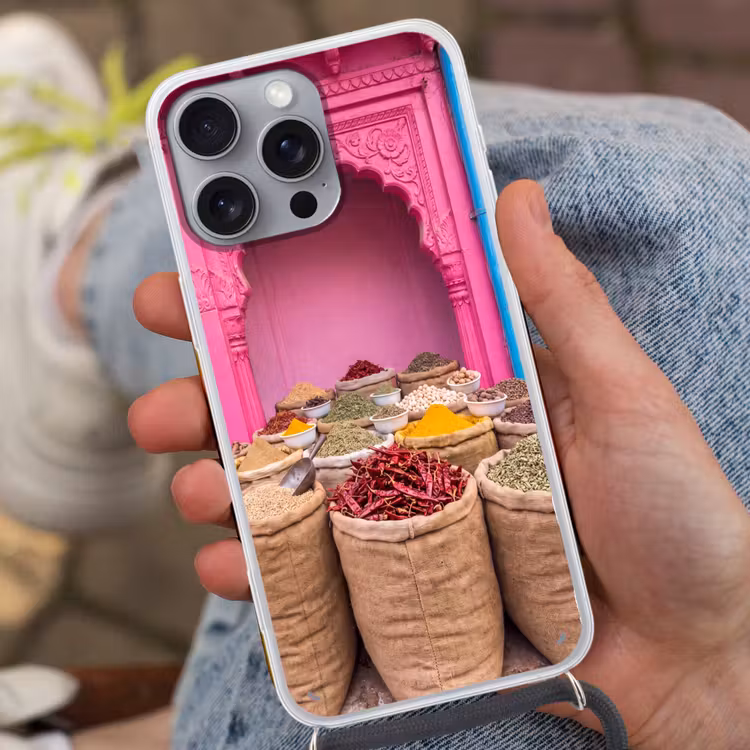 Phone case crossbody - Herbs - Market - Pink - Kruiden - Markt - Roze Hoesje iPhone 16 Pro Max met koord klein