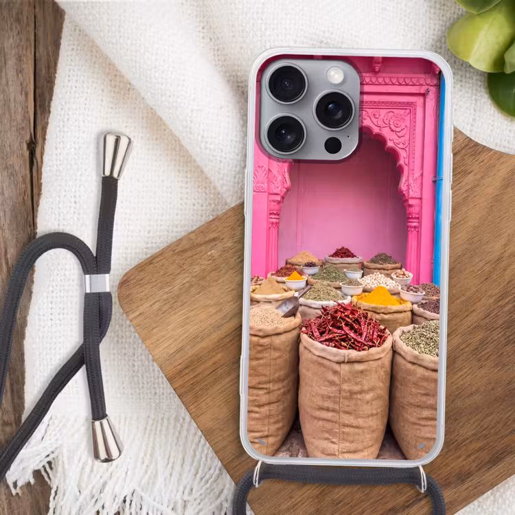 Phone case crossbody - Herbs - Market - Pink - Kruiden - Markt - Roze Hoesje iPhone 16 Pro Max met koord klein