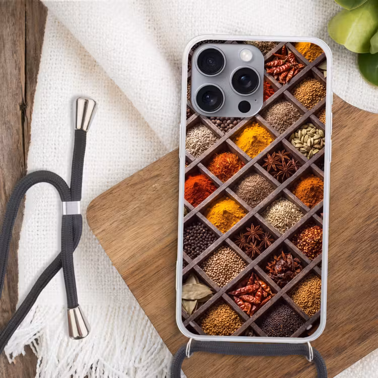 Phone case crossbody - Herbs - Wood - Food - Kruiden - Houten - Eten Hoesje iPhone 16 Pro Max met koord klein