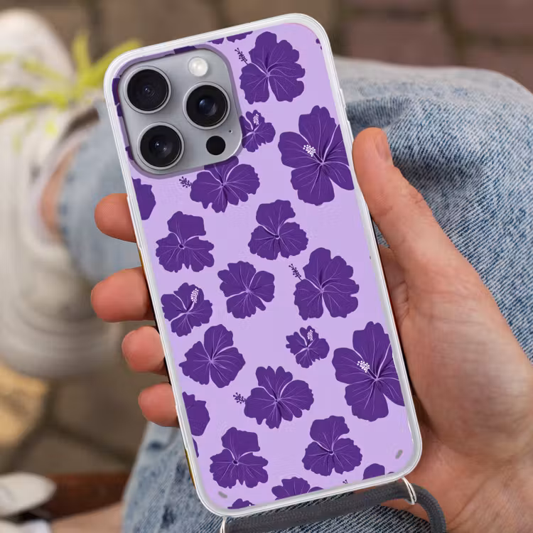 Hibiscus - Bloemen - Paars Hoesje iPhone 16 Pro Max met koord klein 804 -sfeer3