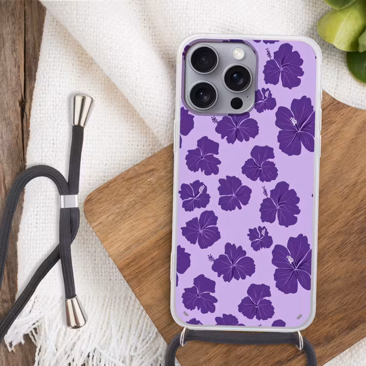 Hibiscus - Bloemen - Paars Hoesje iPhone 16 Pro Max met koord klein 804 -sfeer4