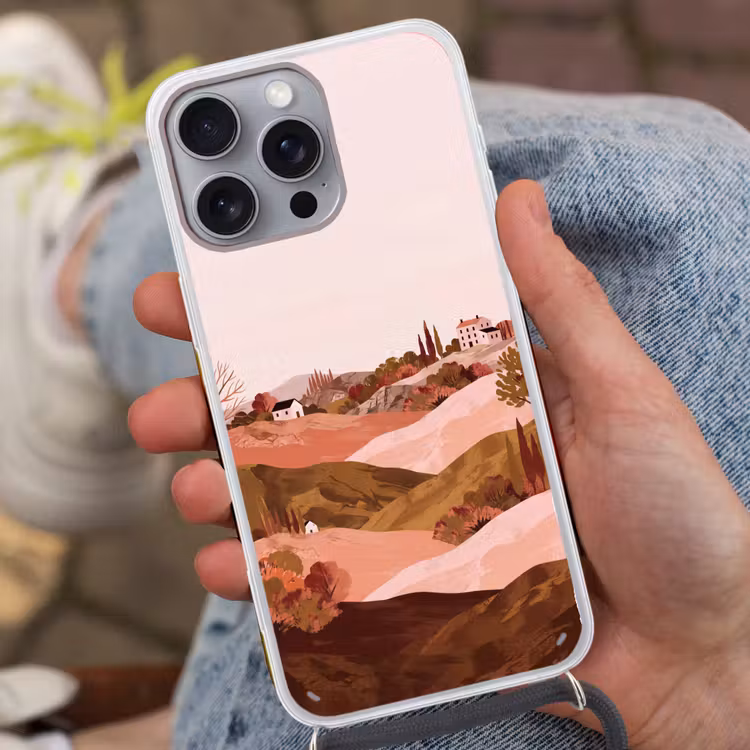 Heuvellandschap - Grafisch - Terracotta Hoesje iPhone 16 Pro Max met koord klein -sfeer3
