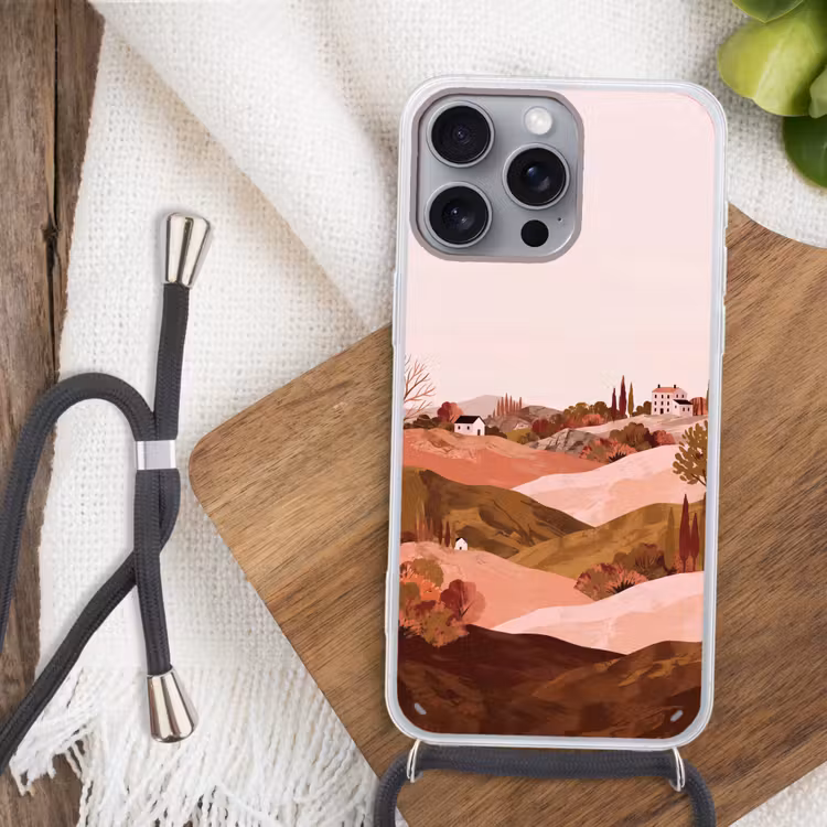 Heuvellandschap - Grafisch - Terracotta Hoesje iPhone 16 Pro Max met koord klein -sfeer4