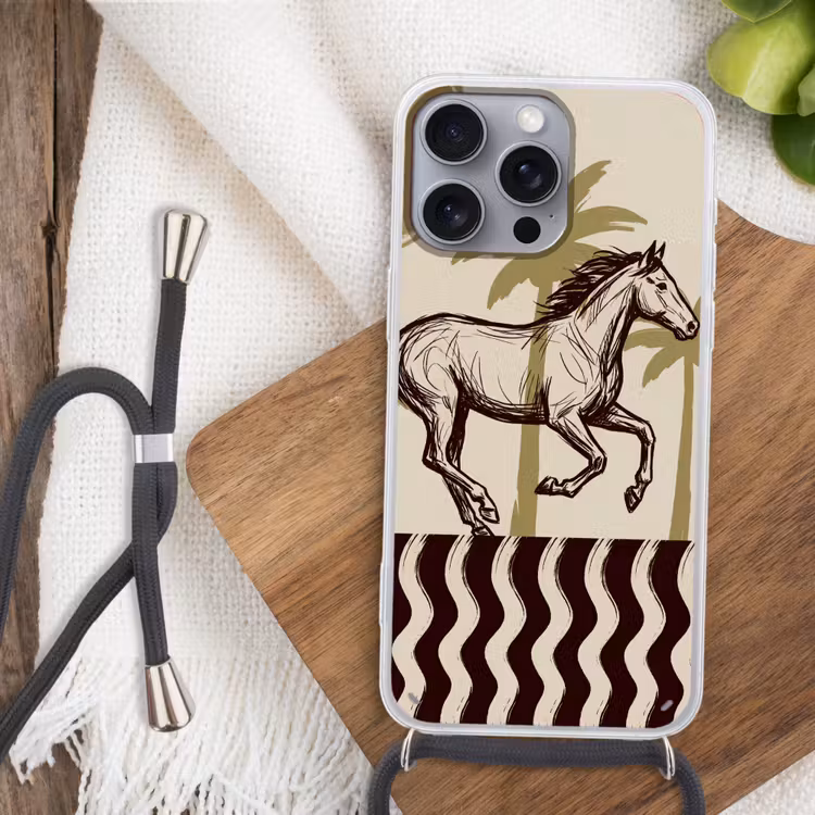Paard - Galopperend - Woestijn - Illustratie Hoesje iPhone 16 Pro Max met koord klein -sfeer4