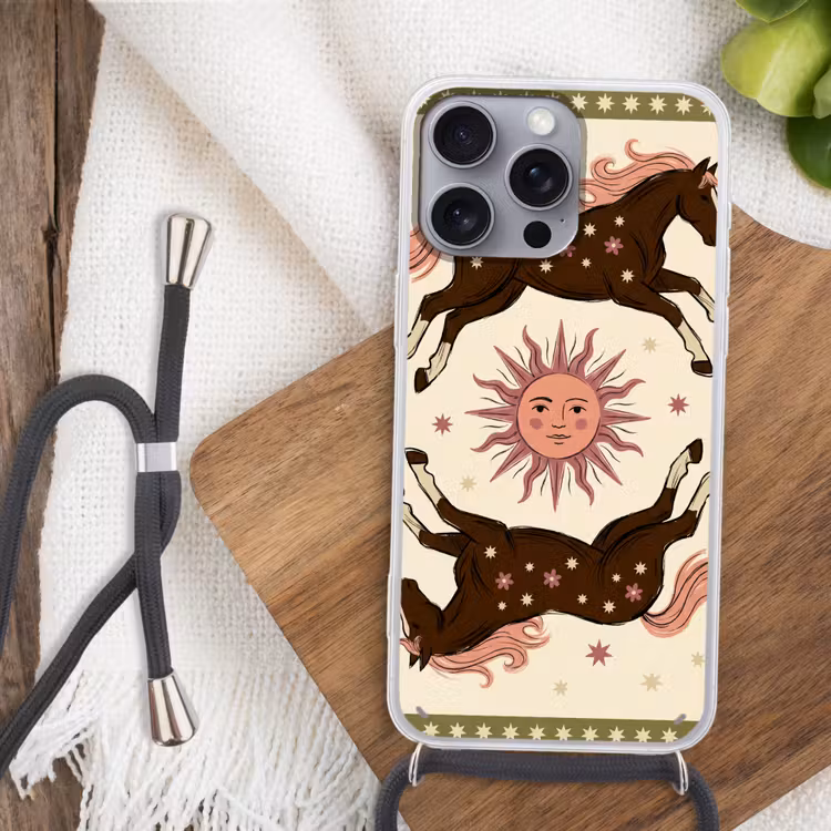 Paard - Zon - Mystiek - Illustratie - Roze Hoesje iPhone 16 Pro Max met koord klein -sfeer4