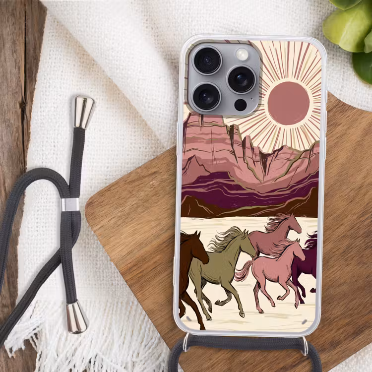 Paarden - Rennend - Woestijn - Natuur - Abstract Hoesje iPhone 16 Pro Max met koord klein -sfeer4