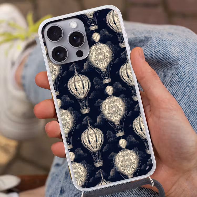 Luchtballonnen - Wolken - Patroon - Donkerblauw Hoesje iPhone 16 Pro Max met koord klein 804 -sfeer3