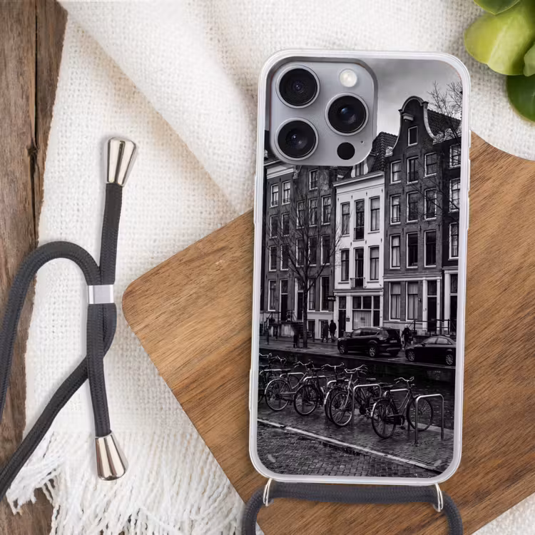 Huis - Gracht - Amsterdam - Architectuur - Zwart-wit Hoesje iPhone 16 Pro Max met koord klein -sfeer4