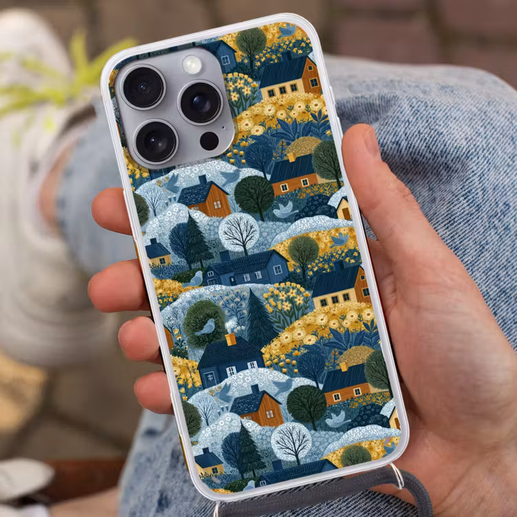 Huisjes - Bloemen - Patroon - Geel - Blauw Hoesje iPhone 16 Pro Max met koord klein 804 -sfeer3