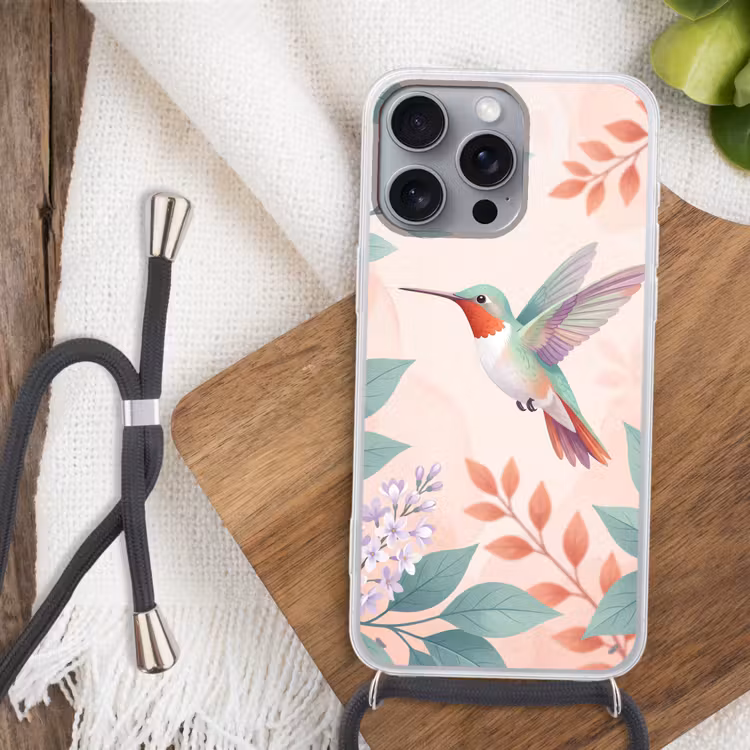 Kolibrie - Vliegen - Natuur - Illustratie - Kleurrijk Hoesje iPhone 16 Pro Max met koord klein -sfeer4