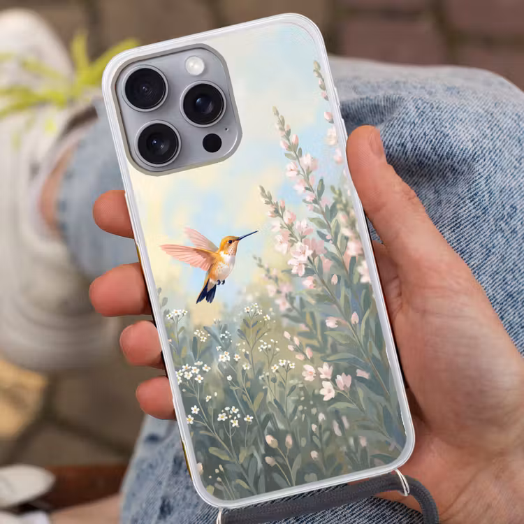 Kolibrie - Illustratie - Kleurrijk Hoesje iPhone 16 Pro Max met koord klein -sfeer3