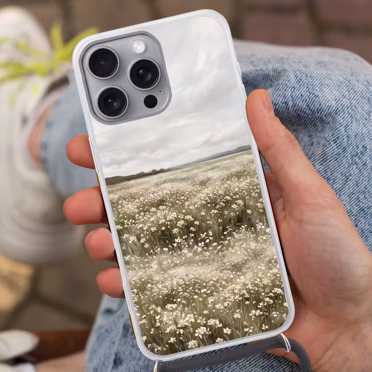 Illustratie - Landschap - Wit Hoesje iPhone 16 Pro Max met koord klein -sfeer3