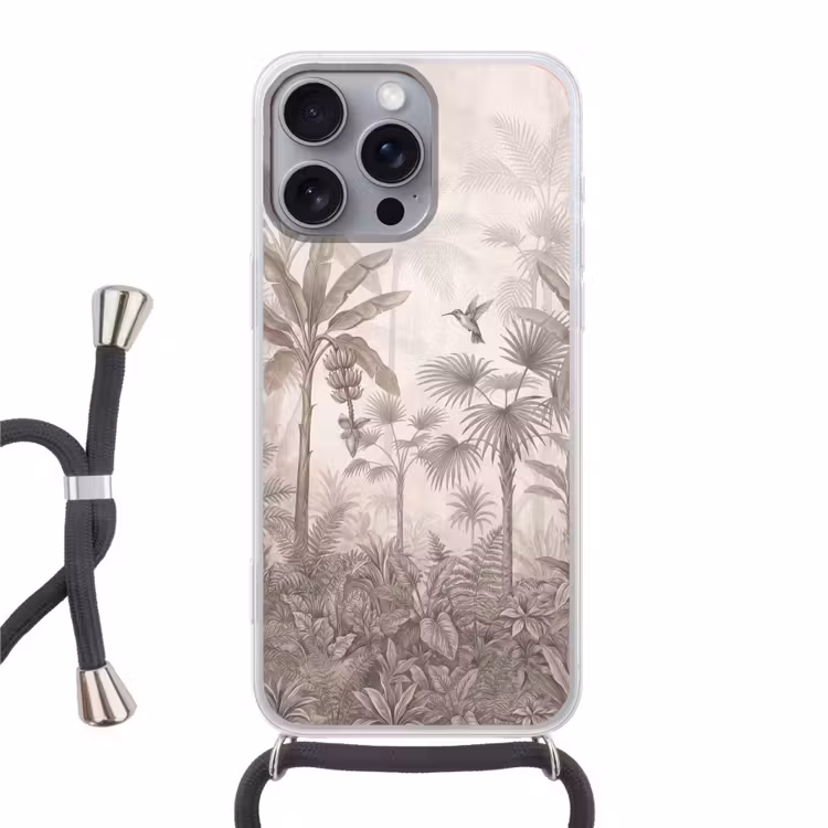 Jungle - Banenboom - Kolibrie - Beige Hoesje iPhone 16 Pro Max met koord klein -3d