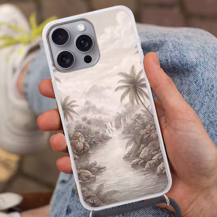 Jungle - Watervallen - Tropisch - Illustratie Hoesje iPhone 16 Pro Max met koord klein -sfeer3