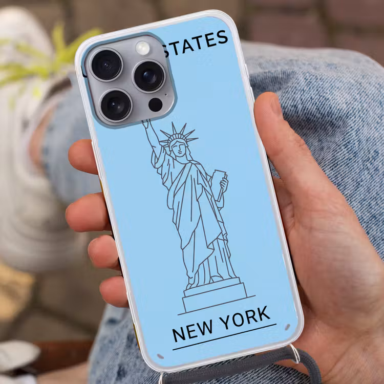 Monument - Vrijheidsbeeld - New York - Minimalistisch - Blauw Hoesje iPhone 16 Pro Max met koord klein -sfeer3