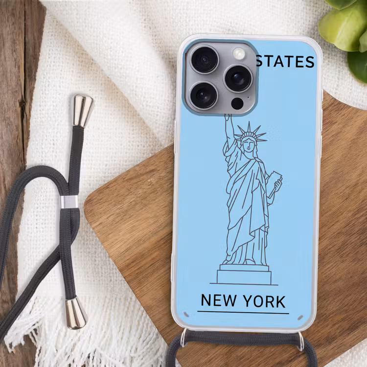 Monument - Vrijheidsbeeld - New York - Minimalistisch - Blauw Hoesje iPhone 16 Pro Max met koord klein -sfeer4
