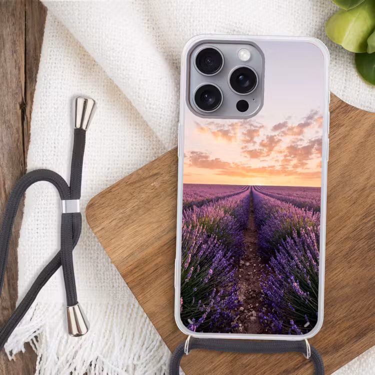 Landschap - Lavendelveld - Paars Hoesje iPhone 16 Pro Max met koord klein -sfeer4