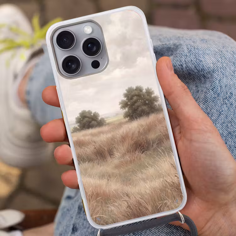 Landschap - Minimalistisch - Beige Hoesje iPhone 16 Pro Max met koord klein -sfeer3