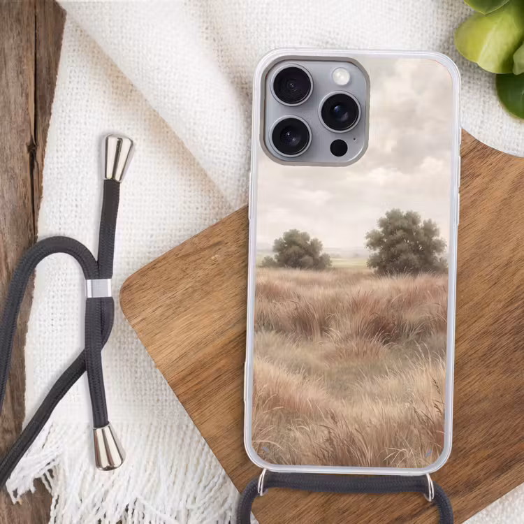Landschap - Minimalistisch - Beige Hoesje iPhone 16 Pro Max met koord klein -sfeer4