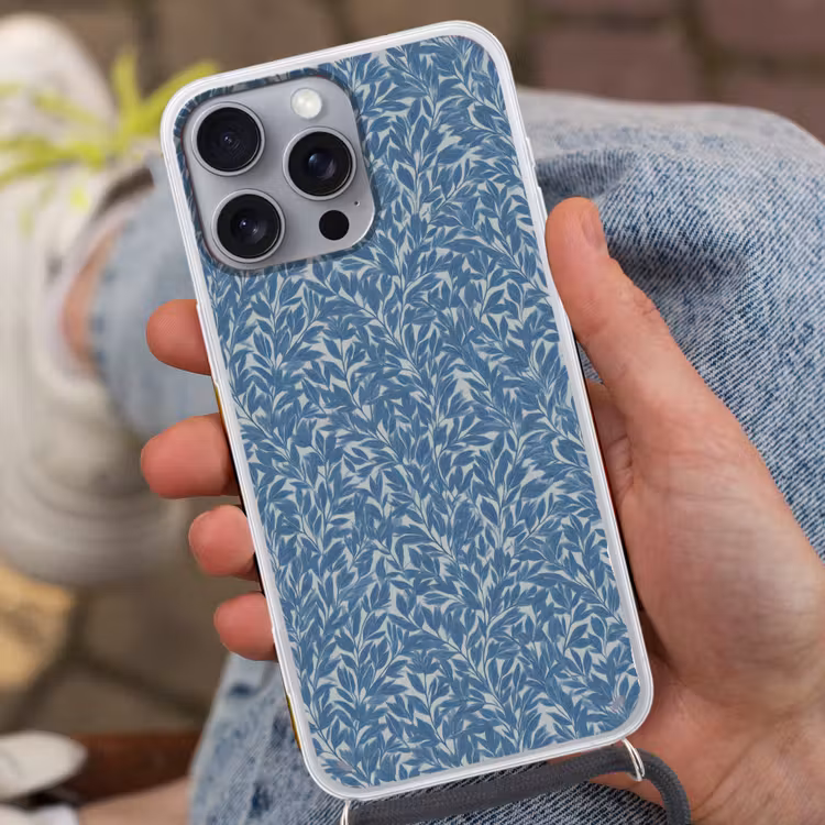 Bladeren - Klassiek - Patroon - Donkerblauw - Vintage Hoesje iPhone 16 Pro Max met koord klein 804 -sfeer3
